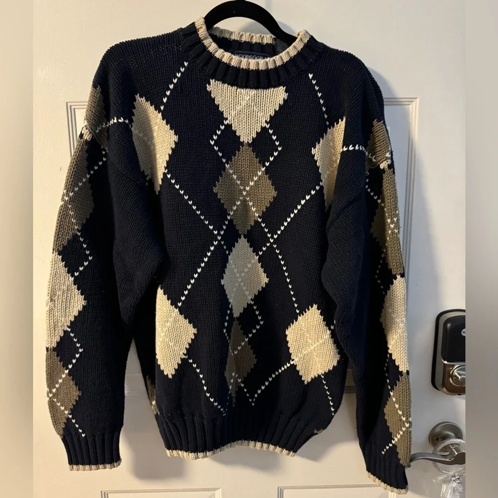 90’s Argyle Crewneck Sweater Woods & Gray Preppy Cotton Navy Beige Grandpa VTG
